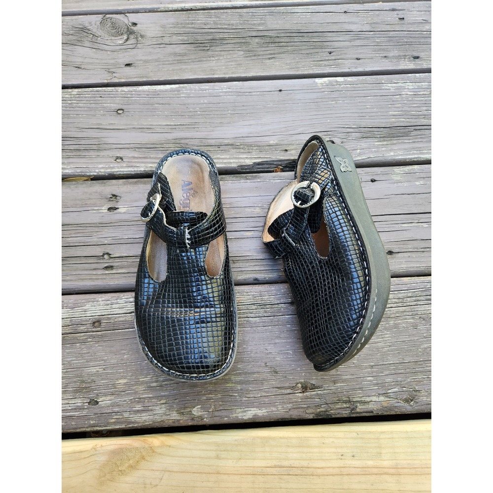 Alegria Classic Clogs Black Leather Embossed T-Strap Rhinestone Buckle Shoes 36